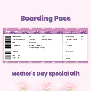 Modèle de carte d'embarquement modifiable personnalisé pour la fête des mères, certificat-cadeau de billet d'avion, billet de voyage surprise, cadeau de belle-mère, cadeau de maman célibataire