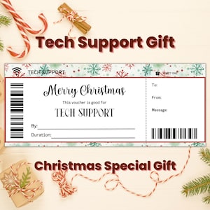 May include: A Christmas gift certificate for tech support. The certificate is printed on a white background with a red and green snowflake pattern. The text "Merry Christmas" is printed in a festive font. The certificate is valid for tech support and includes a space for the recipient's name, the giver's name, and a message.