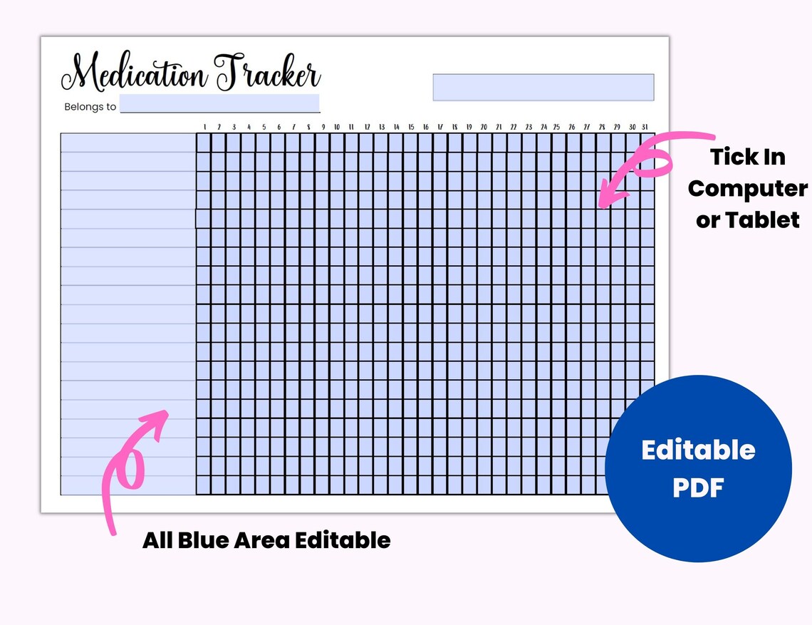 Monthly Medication Tracker Printable, Editable Medication Chart, Medication List, Fillable PDF ...