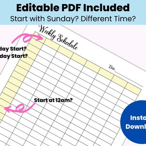 Hourly Weekly Schedule Printable, Editable Weekly Checklist, Weekly ...