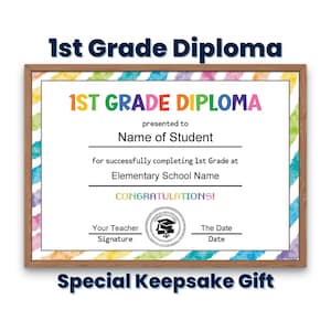 Erste Klasse Diplom Zertifikat Vorlage, Individuell druckbare 1. Grad Abschluss Diplom für Kinder, Abschluss Andenken, Homeschool Diplom