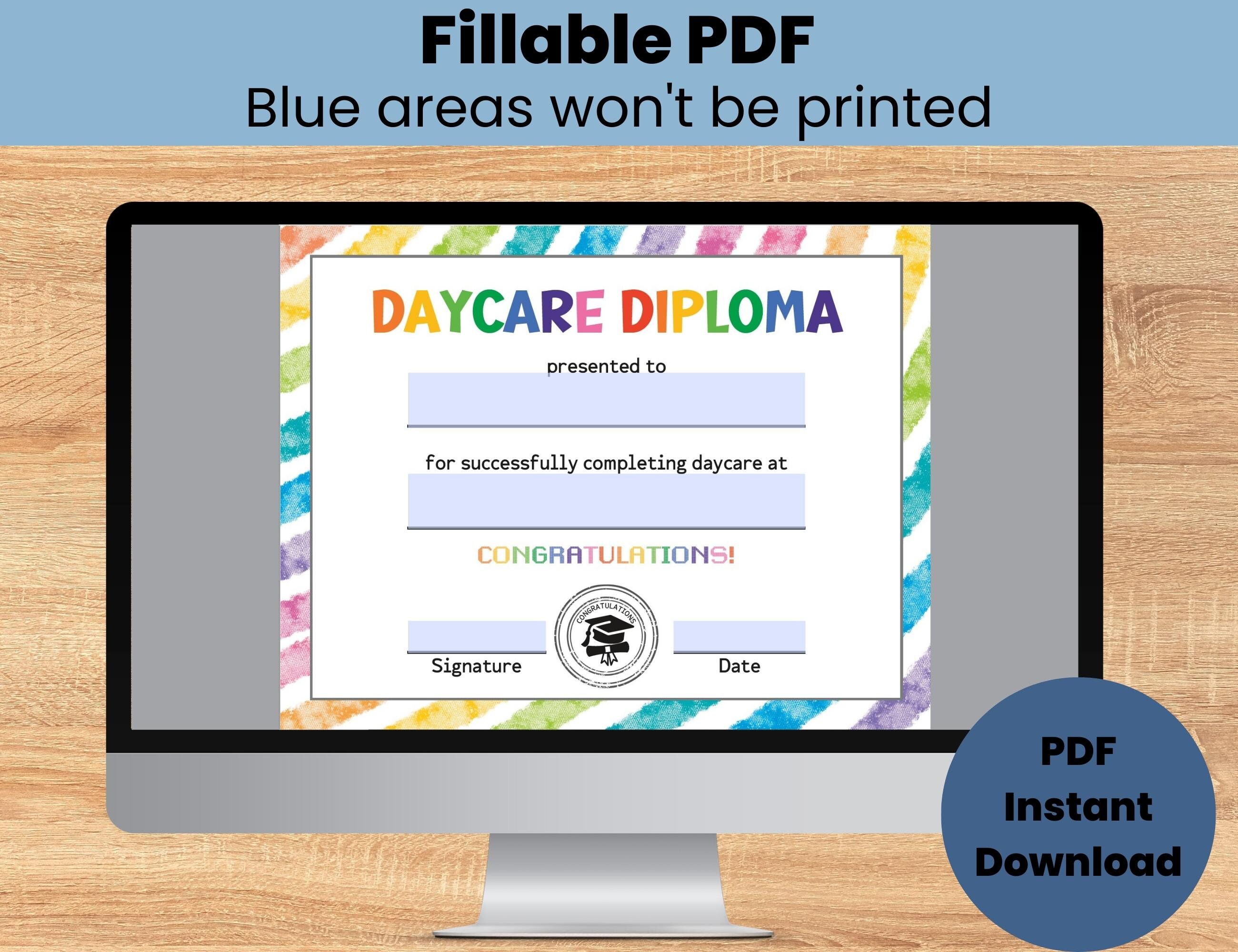Daycare Diploma Certificate Template, Custom Printable Diploma for Kids ...