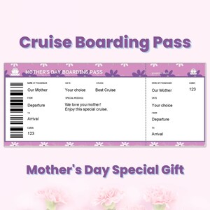Modèle modifiable de cadeau de carte d'embarquement de croisière de fête des mères personnalisé, certificat-cadeau de billet de croisière, billet de voyage surprise, cadeau de belle-mère