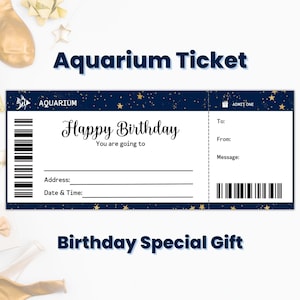 Aquarium Ticket Birthday Gift Coupon Template, Custom Birthday Gift Certificate, Editable Ticket Template, Surprise Trip Ticket for Kids