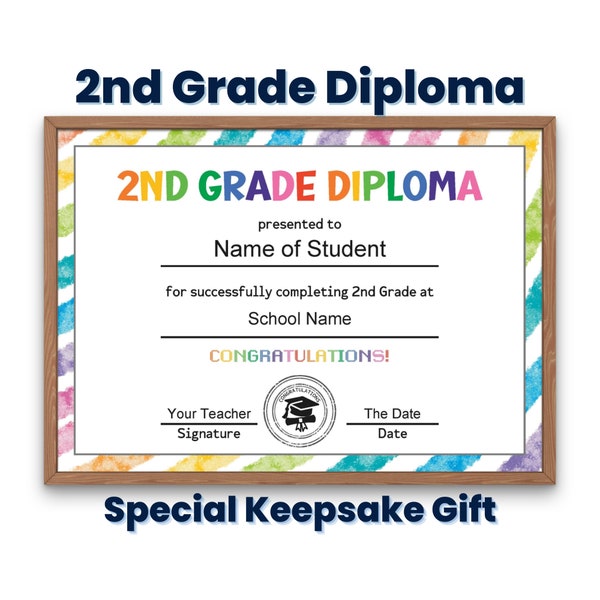 Second Grade Diploma Certificate Template, Custom Printable 2nd Grade Graduation Diploma for Kids, Graduation Keepsake, Homeschool Diploma