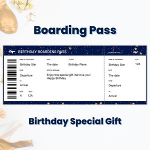 Certificat-cadeau de joyeux anniversaire de carte d'embarquement personnalisé, modèle modifiable de billet d'avion imprimable, billet de voyage surprise, cadeau de dernière minute