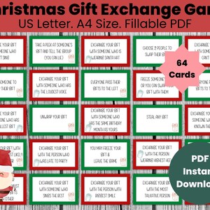 May include: A set of 64 Christmas gift exchange game cards with red and green borders. The cards feature various instructions for players to follow during the game, such as "Exchange your gift with someone who can't sing" and "Steal any gift".