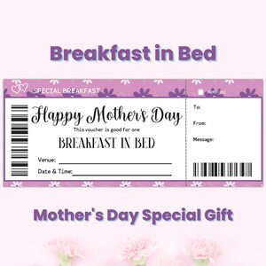 Plantilla de cupón de regalo personalizado para el Día de la Madre: Desayuno en la cama, Certificado de regalo de agradecimiento, Regalo para madrastra, Regalo para madre soltera, Regalo para abuela