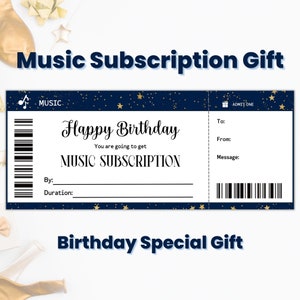 Music Subscription Gift Coupon Template, Custom Happy Birthday Music Gift Certificate, Music Lover Gift For Teen Girls, Last Minute Gift