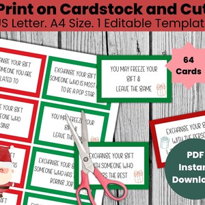 May include: A printable set of 64 Christmas gift exchange game cards. The cards are red and green with white text. The text on the cards includes instructions for the game, such as "Exchange your gift with someone who can't sing".