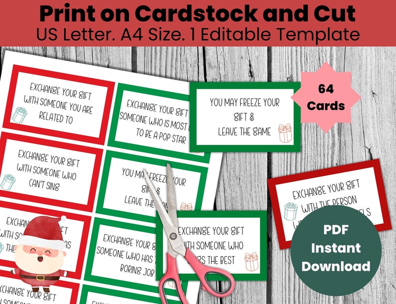 May include: A printable set of 64 Christmas gift exchange game cards. The cards are red and green with white text. The text on the cards includes instructions for the game, such as "Exchange your gift with someone who can't sing".