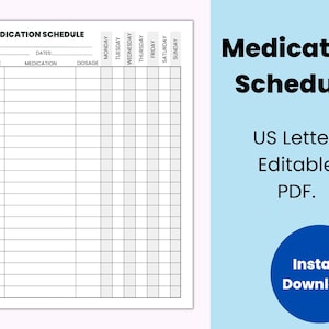 Horario de medicación editable, Seguimiento de medicación imprimible, Seguimiento de píldoras, PDF rellenable