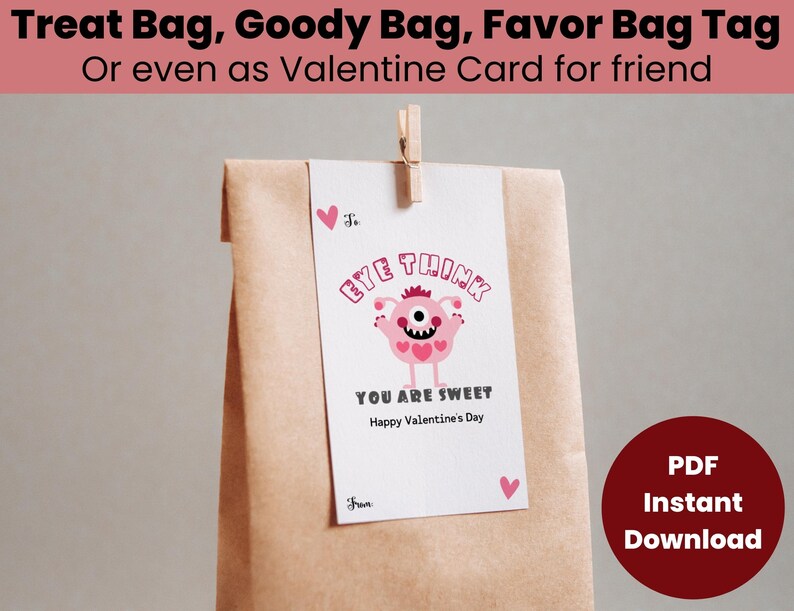 Monster Valentine Gift Tags, Class Valentines Treat Bag Tags ...