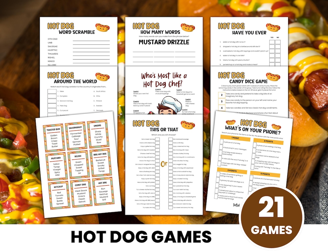 Hot Dog Party Games Bundle, National Hot Dog Day, Food Truck Theme ...