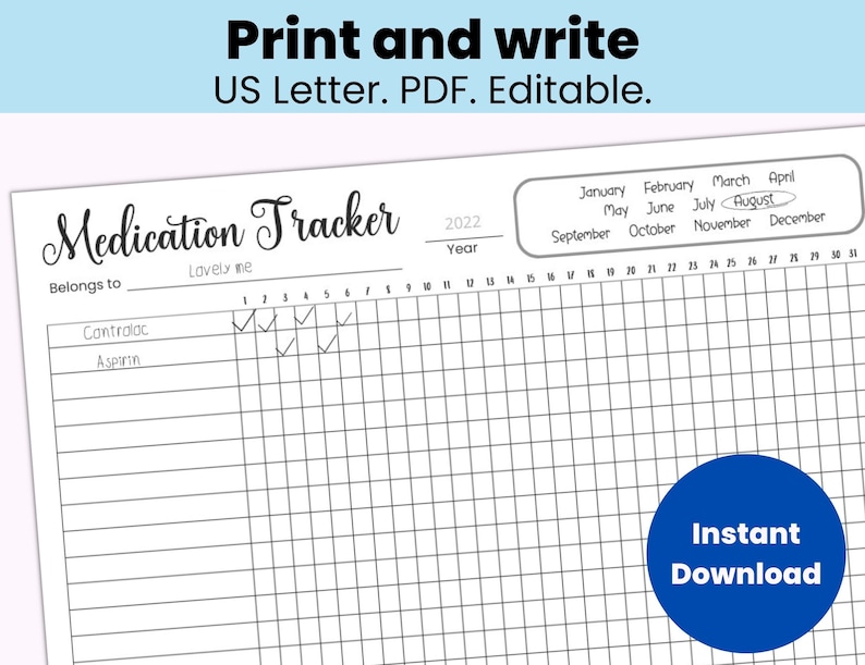 Monthly medication tracker printable editable medication chart