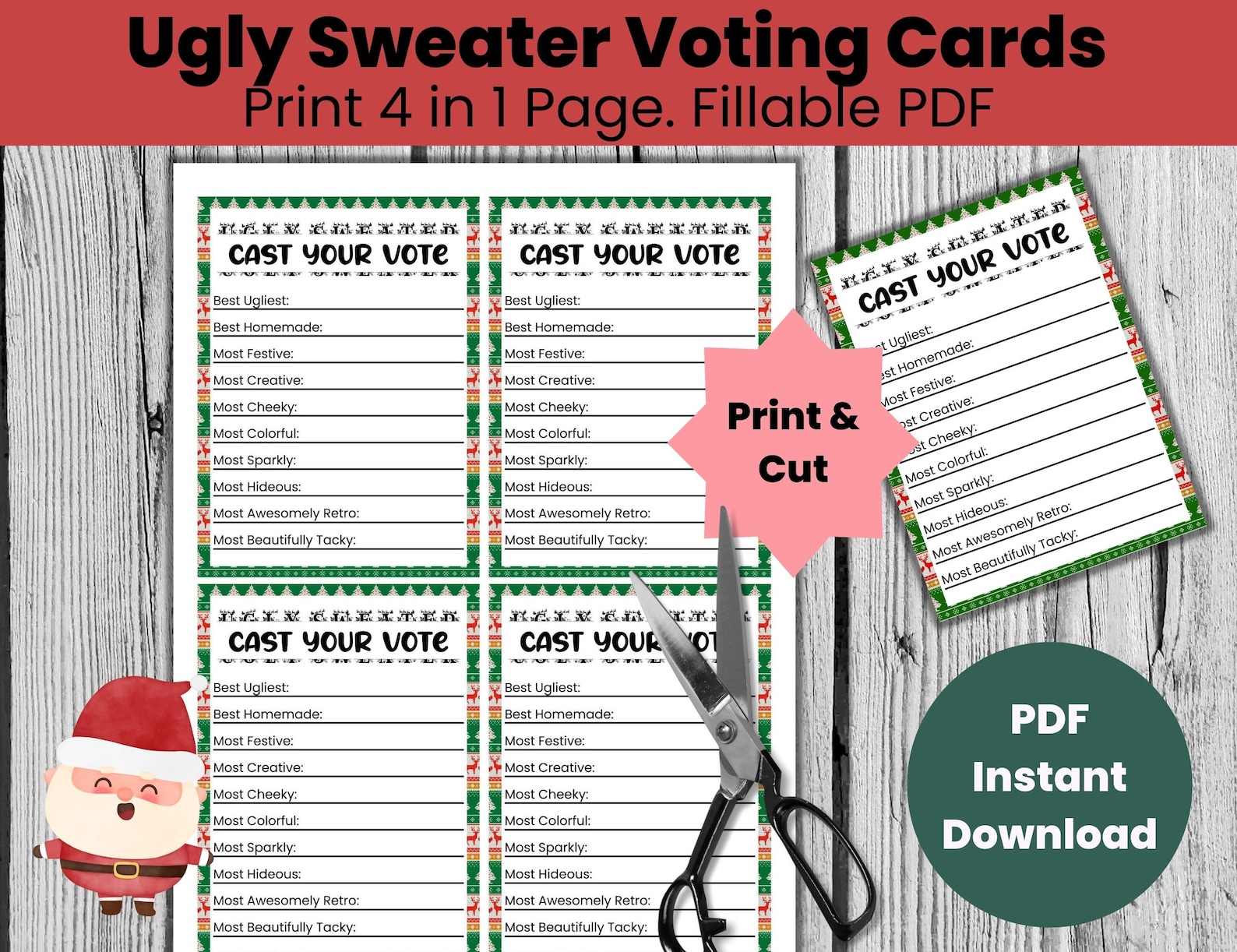 Ugly Sweater Voting Cards, Ugly Sweater Ballot, Cast Your Vote for Ugly ...