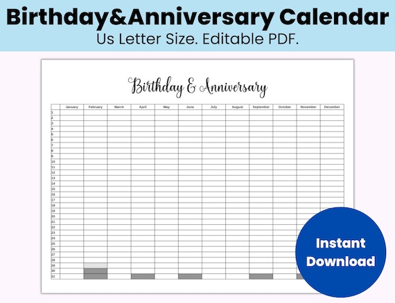 Birthday and Anniversaries Calendar, Editable Printable Family Calendar,  Birthday and Anniversary Reminder Organizer, Events Calendar - Etsy