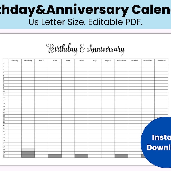 Birthday and Anniversaries Calendar, Editable Printable Family Calendar, Birthday and Anniversary Reminder Organizer, Events Calendar