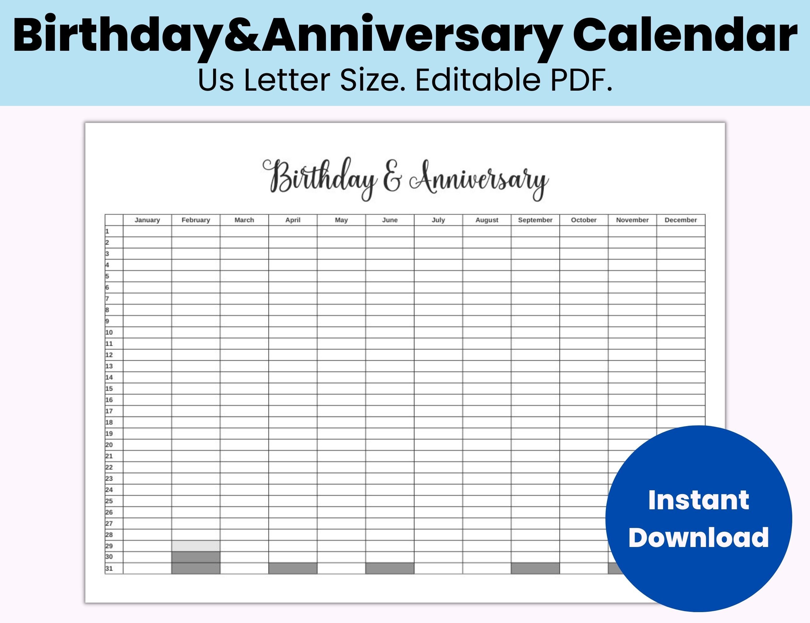 Birthday and Anniversaries Calendar Editable Printable Family - Etsy