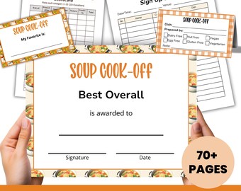 Soep Cookoff-wedstrijd, Soepinzamelingsfeest, Afbaken-stembiljetten, Certificaat, Soepscorekaarten, Scoreblad, Aanmeldingsblad, Soepcompetitie