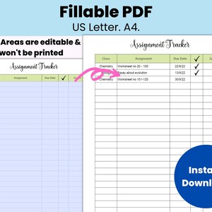 Puede incluir: Un rastreador de tareas imprimible con un &aacute;rea editable azul y un encabezado verde que dice "Assignment Tracker". El rastreador tiene columnas para la clase, la tarea, la fecha de vencimiento, la marca de verificaci&oacute;n y la calificaci&oacute;n. El ejemplo muestra entradas para Qu&iacute;mica, con tareas como "Worksheet no 20-100" y "Essay about evolution".