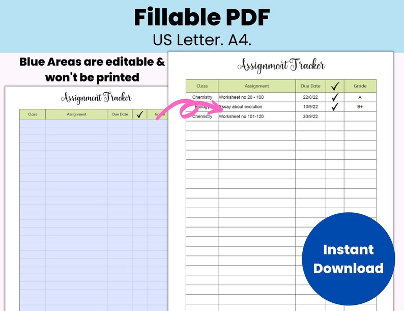 Puede incluir: Un rastreador de tareas imprimible con un &aacute;rea editable azul y un encabezado verde que dice "Assignment Tracker". El rastreador tiene columnas para la clase, la tarea, la fecha de vencimiento, la marca de verificaci&oacute;n y la calificaci&oacute;n. El ejemplo muestra entradas para Qu&iacute;mica, con tareas como "Worksheet no 20-100" y "Essay about evolution".