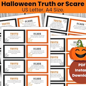 Könnte beinhalten: Ein druckbares Halloween-Spiel mit orangefarbenen und schwarzen Karten, auf denen die Wörter "Wahrheit" und "Schreck" mit Spinnennetz-Designs stehen. Die Karten enthalten Aufforderungen für die Spieler, eine Frage zu beantworten oder eine Herausforderung zu meistern. Der Text "PDF Sofort-Download" befindet sich am unteren Rand des Bildes.