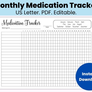 Maandelijkse medicatietracker afdrukbaar, bewerkbaar medicatieschema, medicatielijst, invulbare PDF