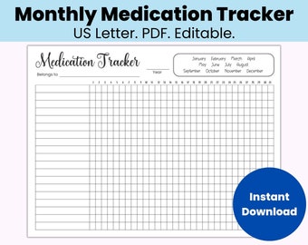 Monthly Medication Tracker Printable,  Editable Medication Chart, Medication List, Fillable PDF