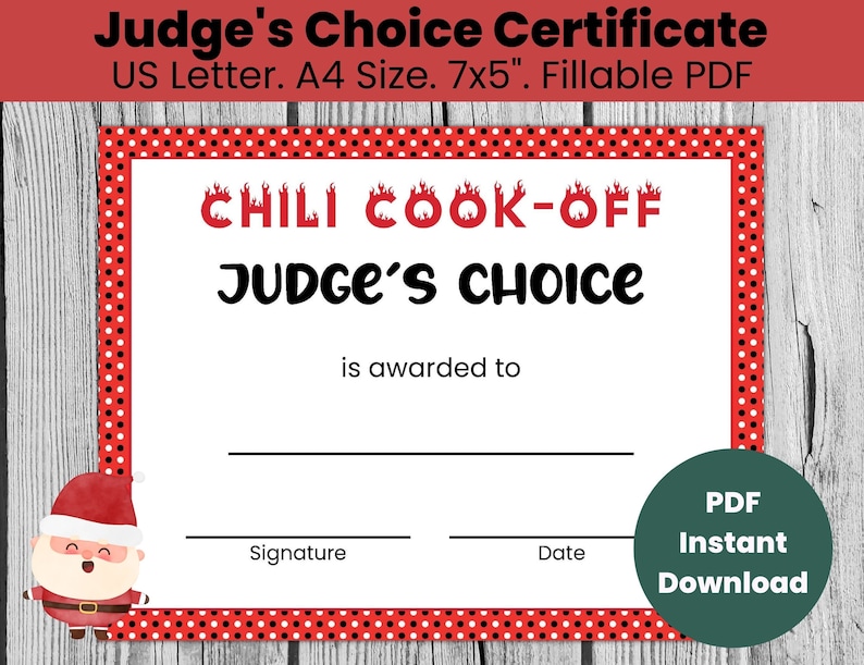Chili Cook off Award Certificate Template for Judge's Choice, Chili