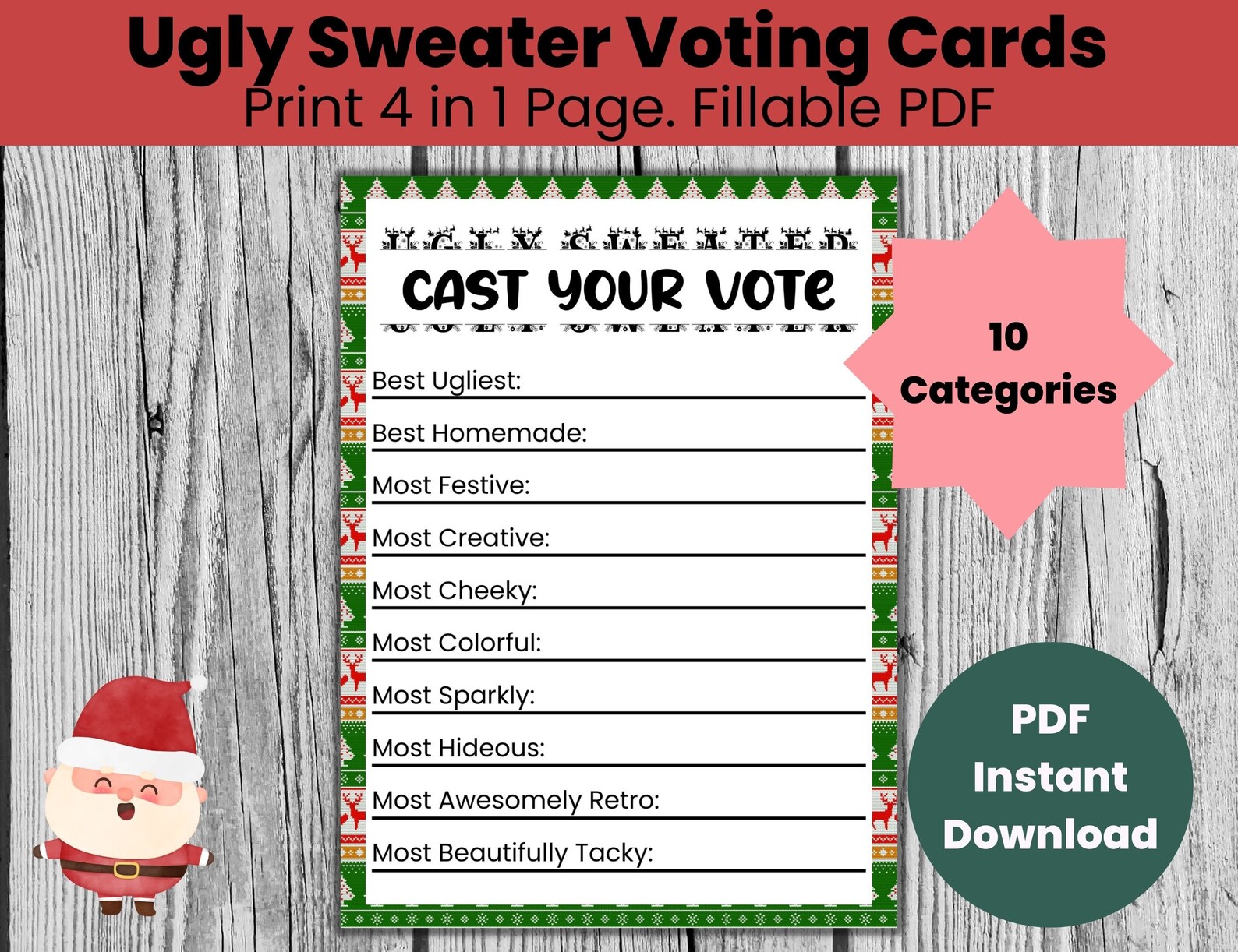 Ugly Sweater Voting Cards, Ugly Sweater Ballot, Cast Your Vote for Ugly ...
