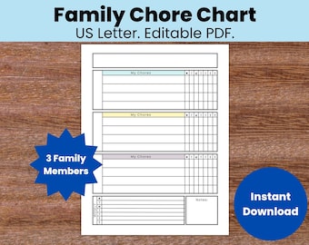 May include: A printable chore chart for a family of three. The chart has three sections for each family member to list their chores and check them off each day of the week. The chart also includes a notes section.