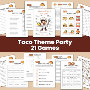 Puede incluir: Una colección de 21 juegos de fiesta imprimibles con temática de tacos. Los juegos incluyen una búsqueda de palabras, un juego de memoria, bingo, una búsqueda del tesoro con fotos, charadas, un crucigrama y más. Los juegos están diseñados para ser divertidos y atractivos para todas las edades.