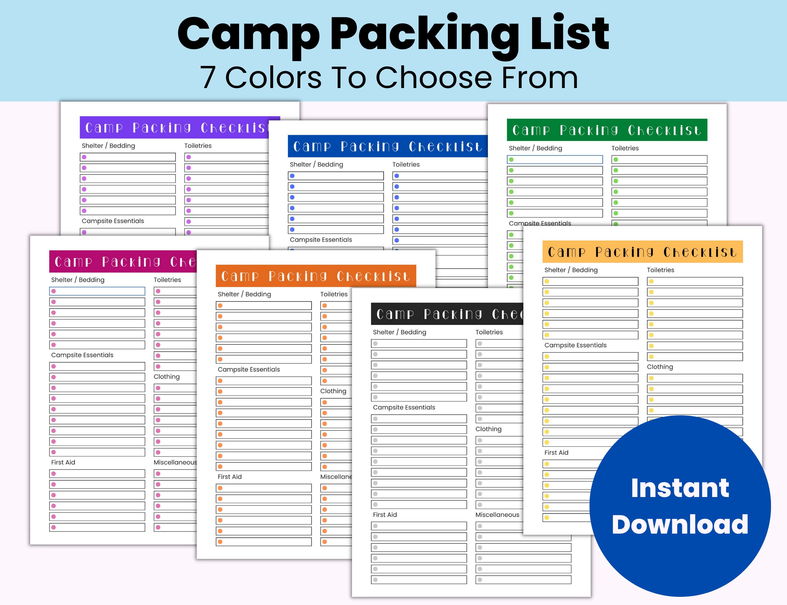 Camp Packing List Template, Editable Packing List for Camp, Printable