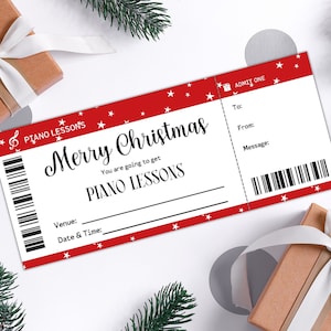 Plantilla personalizada de certificado de regalo de lecciones de piano de Navidad, tarjeta de vale de regalo sorpresa de Navidad imprimible para amantes del piano, amantes de la música