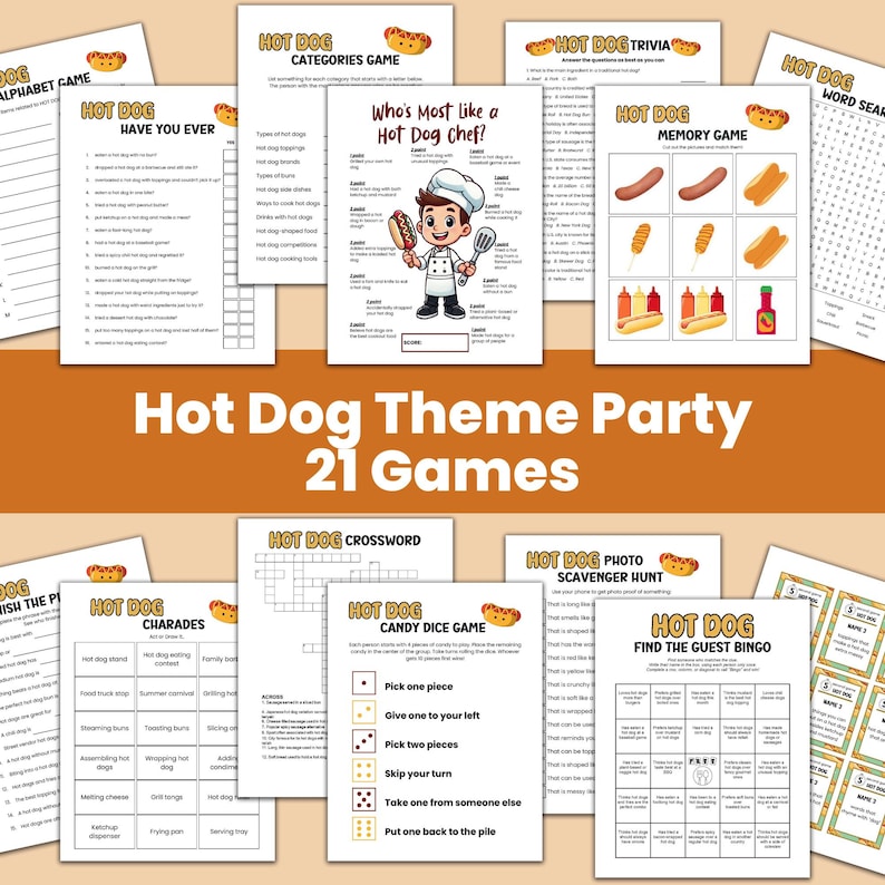 Hot Dog Party Games Bundle, National Hot Dog Day, Food Truck Theme ...