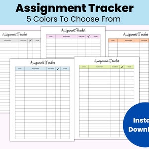 Puede incluir: Cinco plantillas de seguimiento de tareas imprimibles en diferentes colores: gris, rosa, melocot&oacute;n, azul claro y verde. Cada plantilla tiene columnas para la clase, la tarea, la fecha de vencimiento, una marca de verificaci&oacute;n y la calificaci&oacute;n.