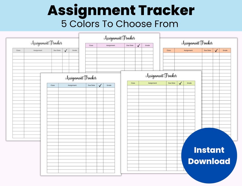 Puede incluir: Cinco plantillas de seguimiento de tareas imprimibles en diferentes colores: gris, rosa, melocot&oacute;n, azul claro y verde. Cada plantilla tiene columnas para la clase, la tarea, la fecha de vencimiento, una marca de verificaci&oacute;n y la calificaci&oacute;n.