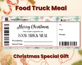 May include: A printable gift certificate for a food truck meal. The certificate is decorated with a red and green snowflake pattern and the text "Merry Christmas" and "Christmas Special Gift".
