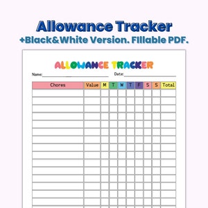 May include: A printable allowance tracker chart with colorful headings for chores, value, and days of the week. The chart is designed for kids to track their chores and earnings.