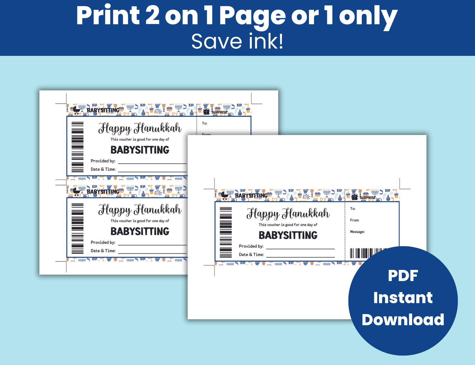 Personalized Hanukkah Gift Coupon Template : Babysitting - Etsy