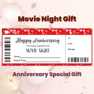 Peut inclure: Un bon cadeau imprimable pour une soirée cinéma rouge et blanc avec des cœurs et le texte "Joyeux Anniversaire" et "Ce bon est valable pour une SOIRÉE CINÉMA".
