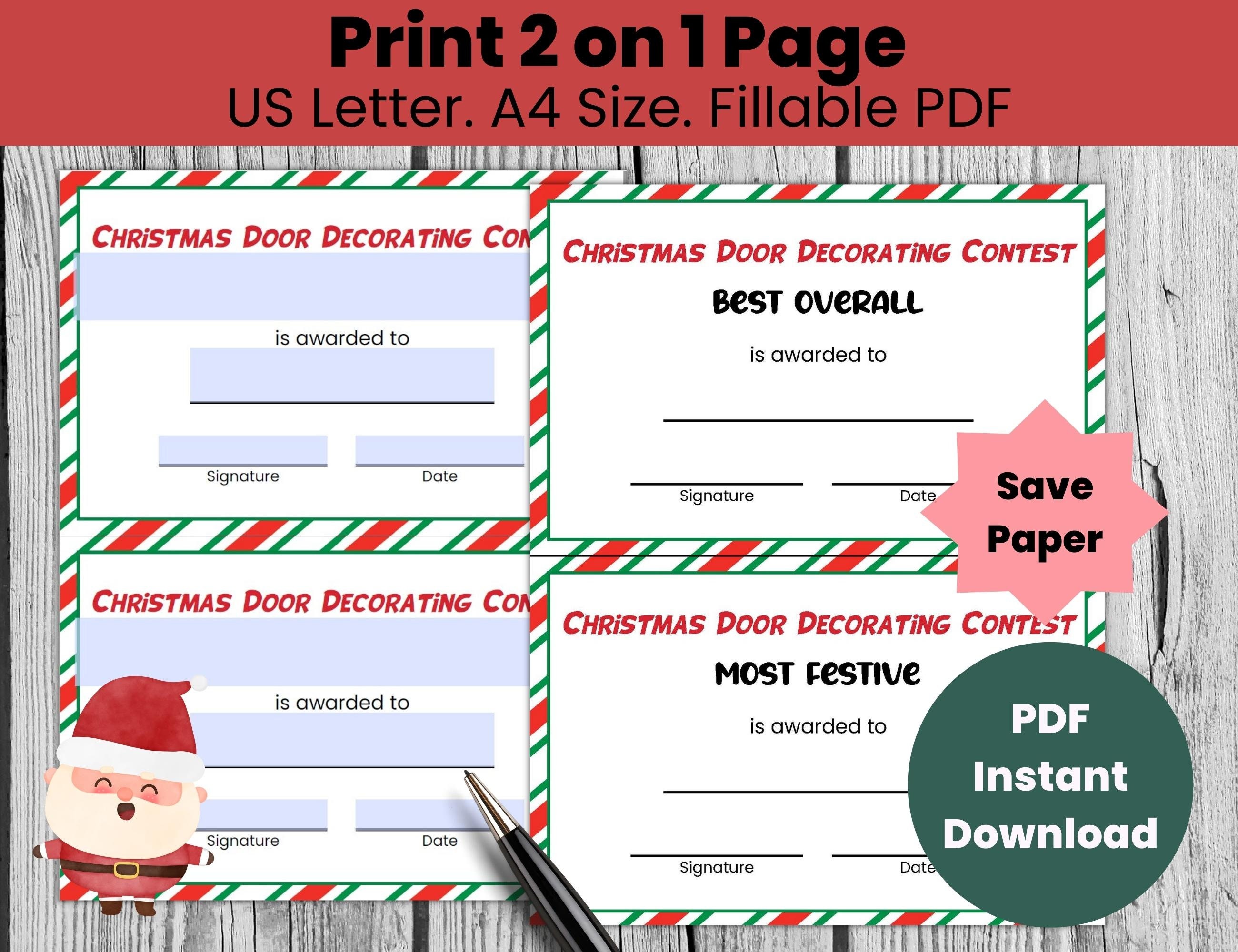 Christmas Door Decorating Contest Award Certificates Template Editable