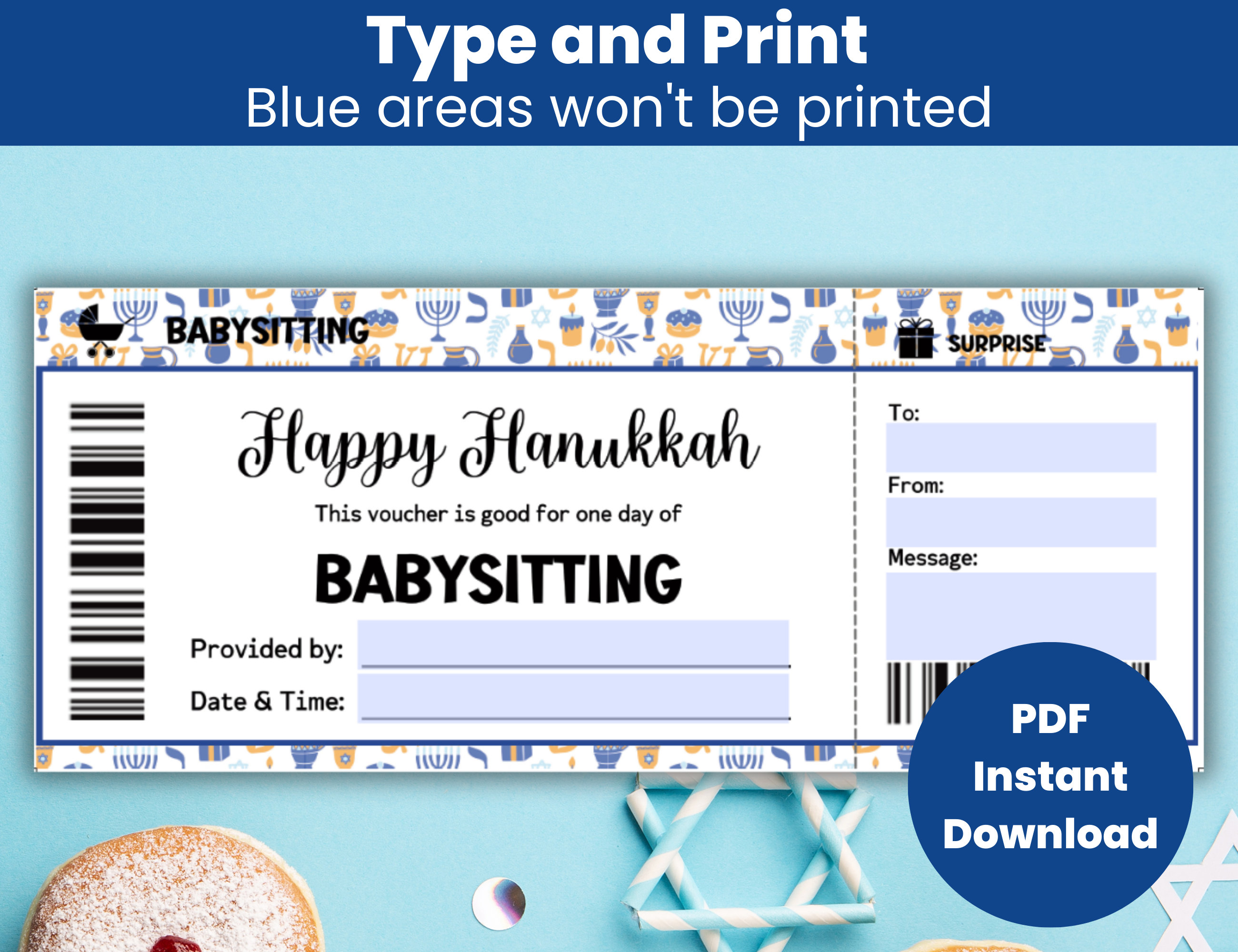Personalized Hanukkah Gift Coupon Template : Babysitting - Etsy