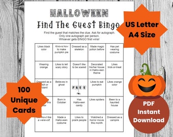 May include: A printable Halloween bingo card with a pumpkin illustration. The card has 25 squares with different Halloween-themed clues, such as "Likes black color", "Knows how to make pumpkin pie", "Dressed as a skeleton", "Made magic potion before", "Has pet wearing costume", "Wearing orange", "Likes to tell scary story", "Doesn't like to be scared", "Decorated his/her house in Halloween theme", "Likes trick-or-treat", "Dressed as a witch or wizard", "Believes in ghost", "FREE", "Likes to eat pumpkin", "Likes orange color", "Born in October", "Has Halloween candy", "Likes spiders", "Been to a haunted house", "Howl like a werewolf", "Made a Halloween costume", "Likes to prank people", "Watched a horror movie this month", "Dressed as a vampire". The card is labeled "100 Unique Cards" and "PDF Instant Download".