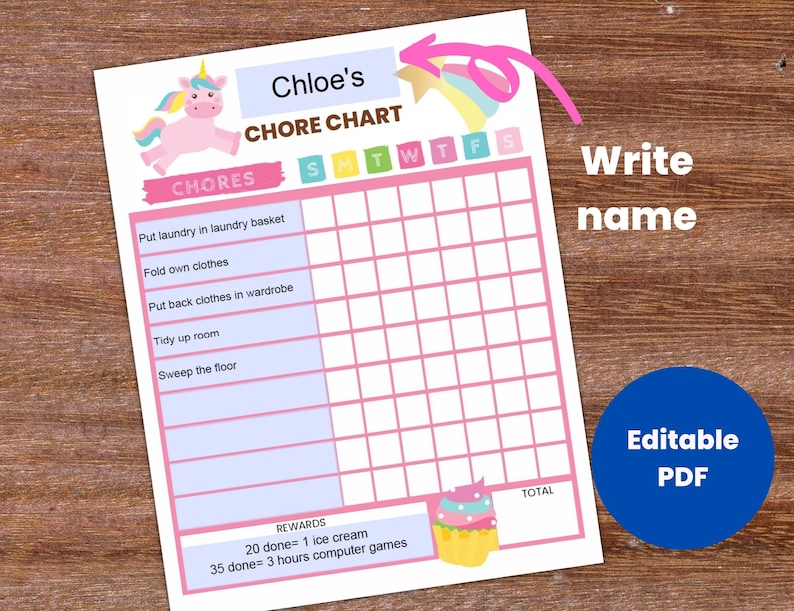 Unicorn Chore Chart for Kids Printable, Editable Kids' Chore Chart ...