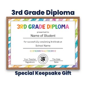Third Grade Diploma Certificate Template, Custom Printable 3rd Grade Graduation Diploma for Kids, Graduation Keepsake, Homeschool Diploma