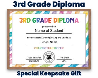 Third Grade Diploma Certificate Template, Custom Printable 3rd Grade Graduation Diploma for Kids, Graduation Keepsake, Homeschool Diploma