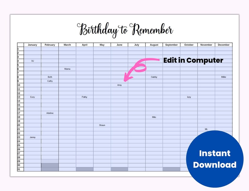 Birthday and Anniversaries Calendar, Editable Printable Family Calendar ...
