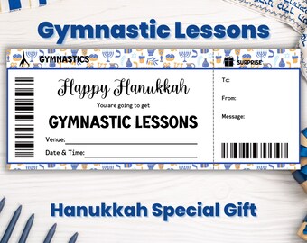 May include: A blue and white gift certificate with a Hanukkah theme. The certificate is for "Gymnastic Lessons" and says "Happy Hanukkah! You are going to get Gymnastic Lessons".